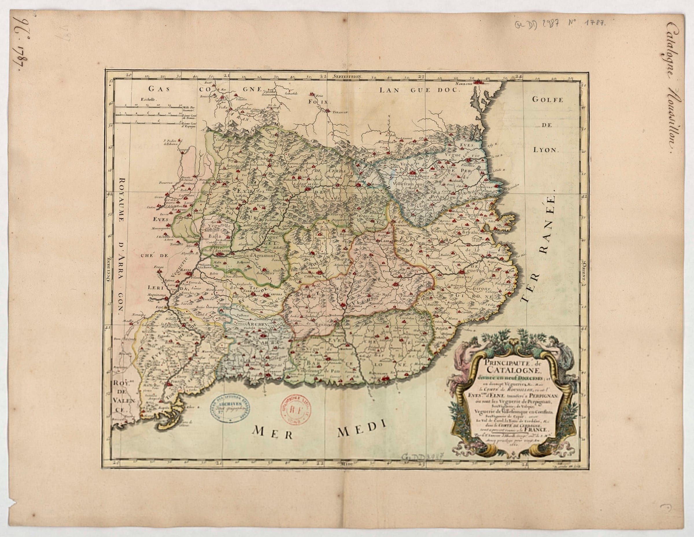 Principauté de Catalogne, divisée en neuf Dioeceses et dix-sept Vegueries (1660)