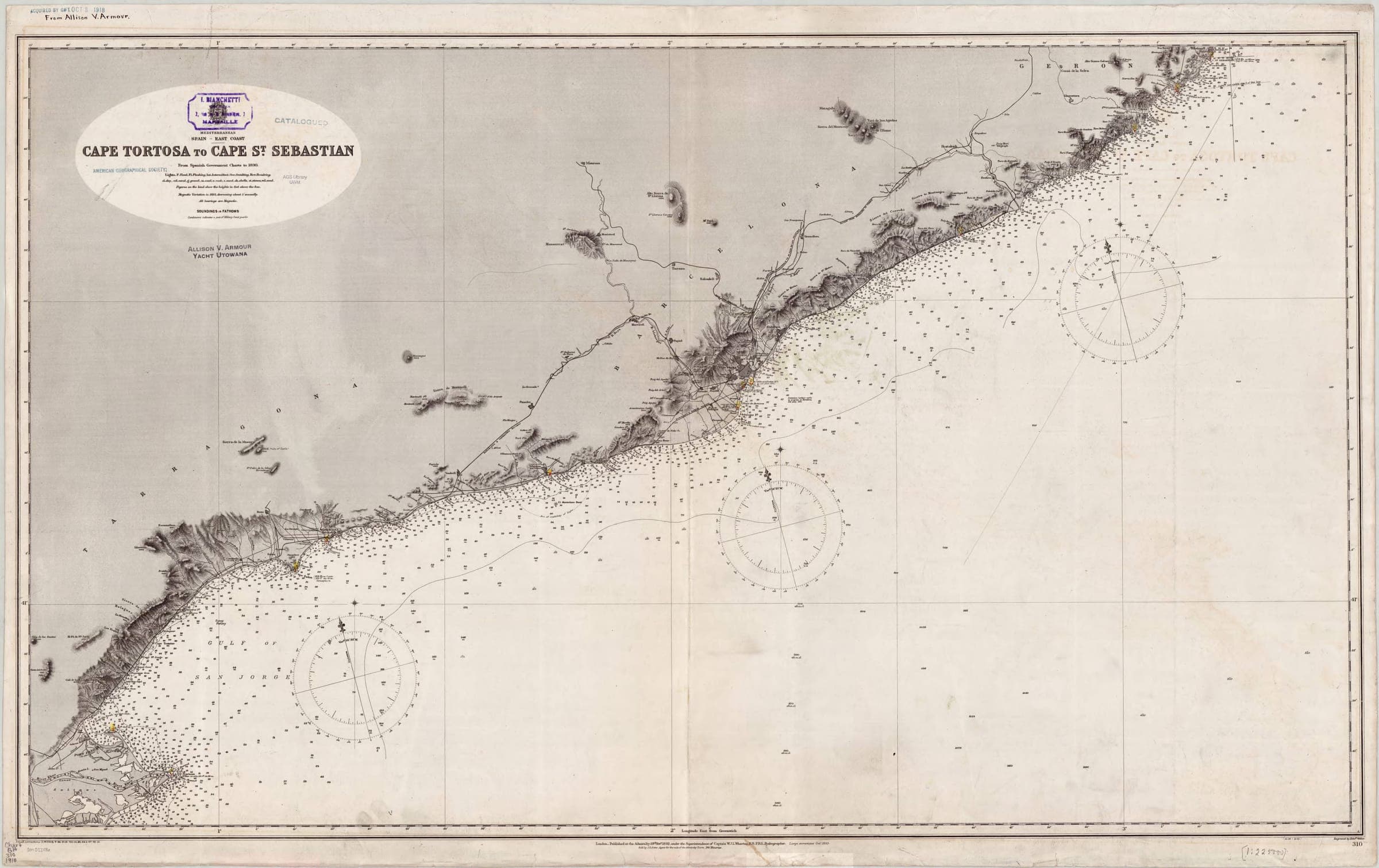 Admiralty Chart No 310: Spain east coast, Cape Tortosa to Cape St Sebastian (1892)