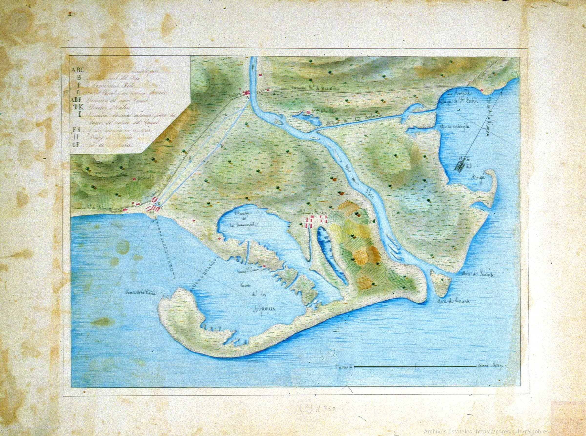 Plano del Delta del Ebro: canal de navegació Amposta–Sant Carles (c. 1828)