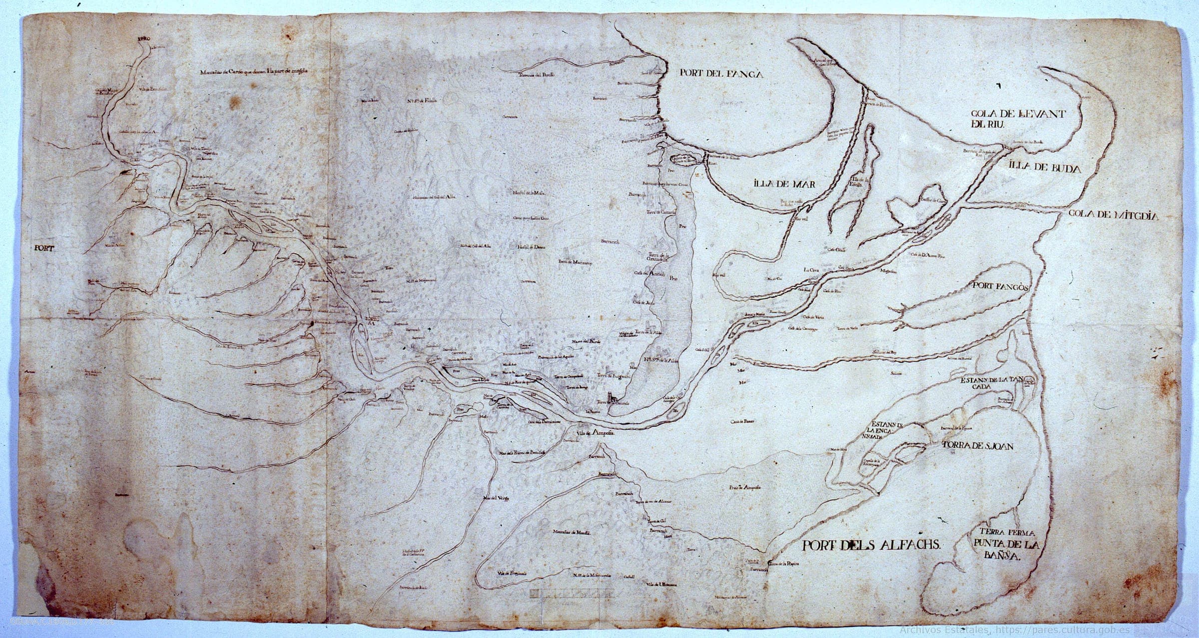 Plano del delta del Ebro: curs del riu des de Benifallet (s. XVIII)
