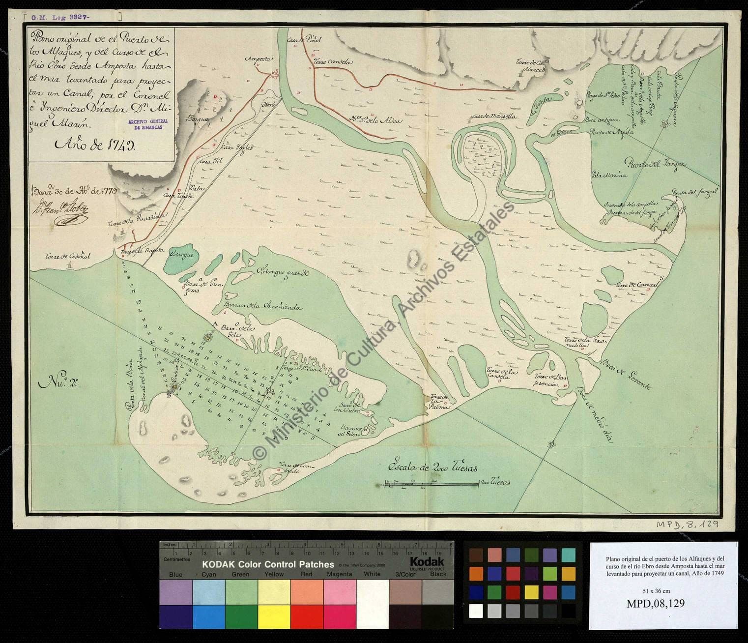Plano del puerto de los Alfaques y curso del río Ebro per a un canal (1749)