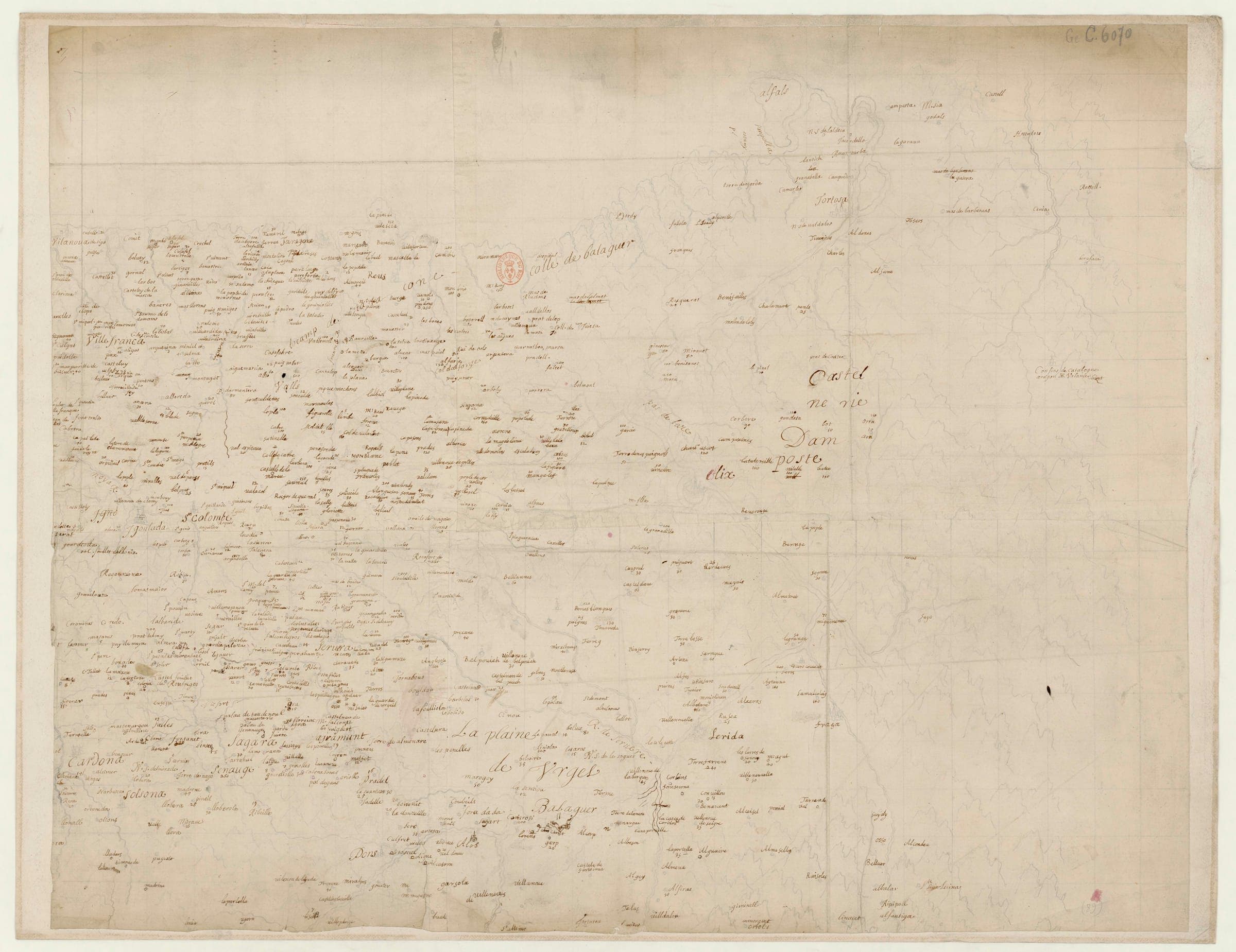Carte d'une partie de Catalogne amb les boques de l'Ebre (c. 1642)
