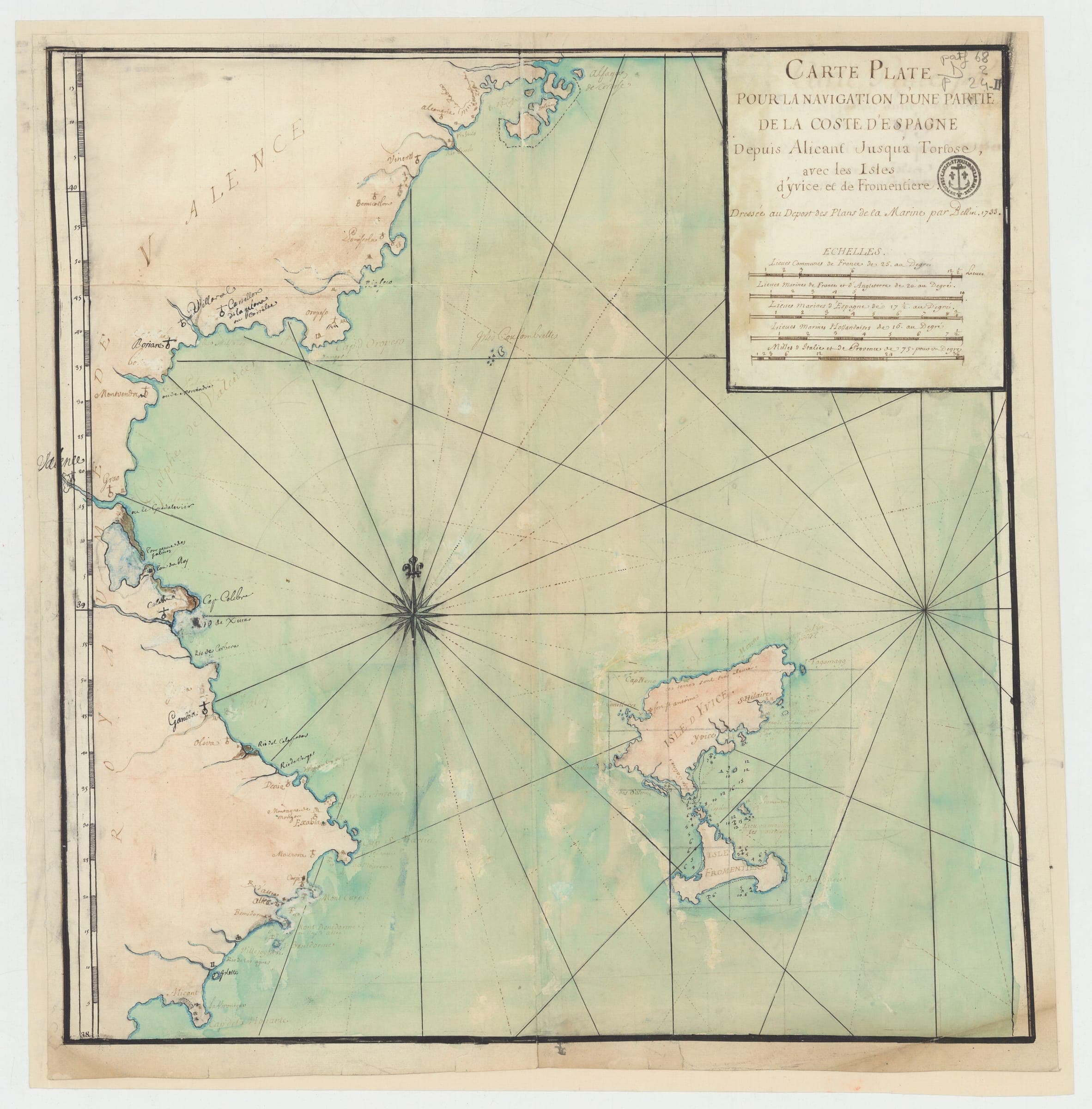 Carte plate pour la navigation depuis Alicant jusqu'à Tortose (Bellin, 1733)