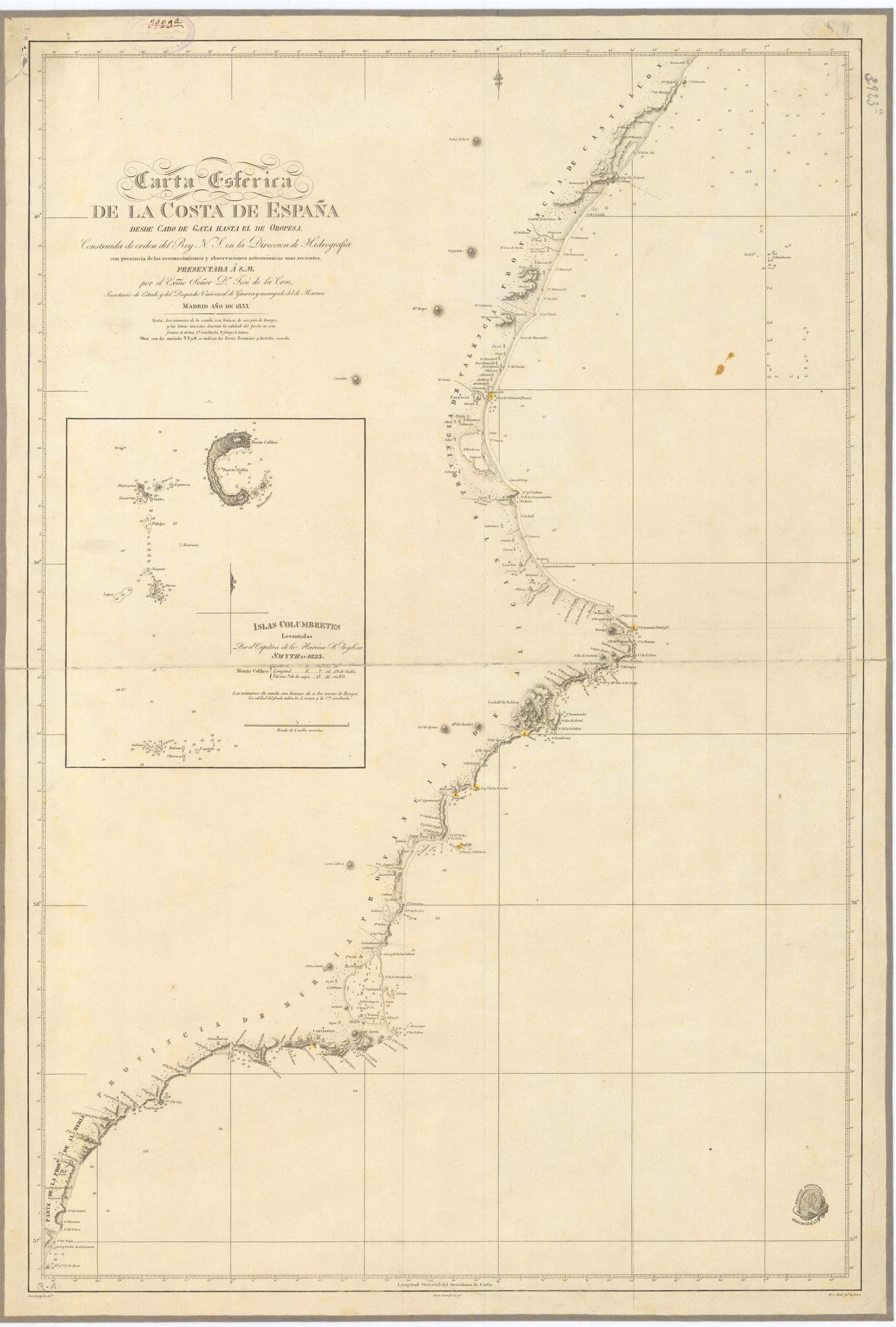 Carta nàutica del litoral Carboneras–Benicarló (1833)